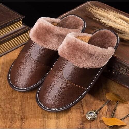 Autumn And Winter Non-Slip Warm Home Leather Slippers New Thick Couple Models Cowhide Cotton Slippers