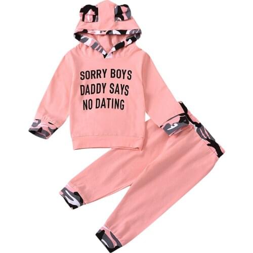 1-5Y Autumn Infant Baby Girls Letter Print Outfits Long Sleeve Cute Ears Hoodie +Elastic Waist Trousers 2 Pcs Clothes Set