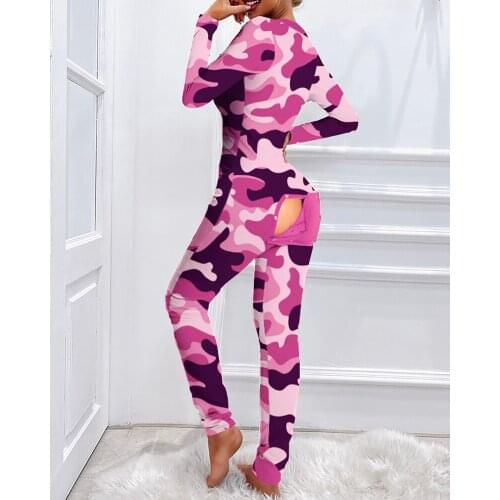Sexy Pink Camouflage Functional Buttoned Flap Casual Home Wear Adults Pajamas Nightgown Women Corset Jumpsuits One Piece Pant