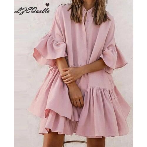 LZEQuella Women Dress Mini Shirt Dresses Ruffled Sleeve Buttons O Neck Pleated Dresses Vintage Summer Female Vestidos Dresses