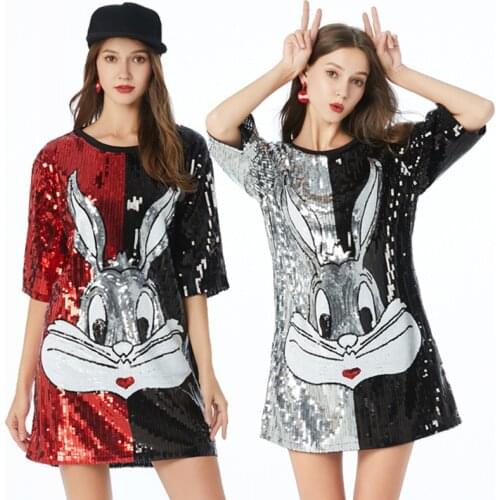 Casual Straight Patchwork Short Sleeve Sequined Mini Cartoon Embroidery Sexy Black Red Silver Club Party Plus Size Women Dress