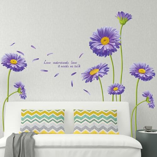 [shijuekongjian] New York Aster Flower Blossom Wall Stickers Purple Flores Wall Decals for Living Room Bedroom Decoration