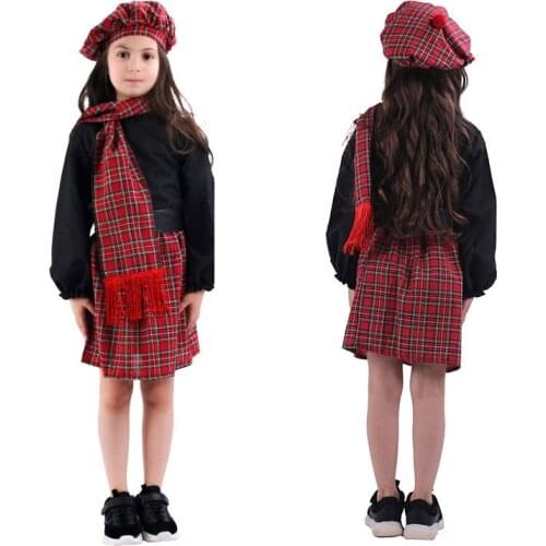 Scotch girl Scotland Costume Head Dress Headwear Scarf Baby Girls Full Suit Children Halloween Scottish Kilt Cosplay dress