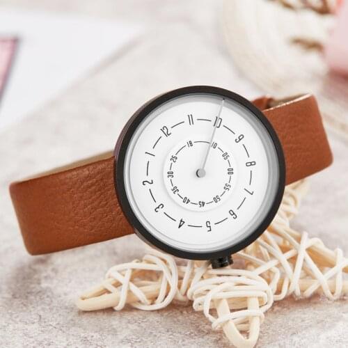 Unique Simple Quartz Watch Women Leather Strap Casual Circle Watches Clock Men Ladies Dress Wristwatch Couple