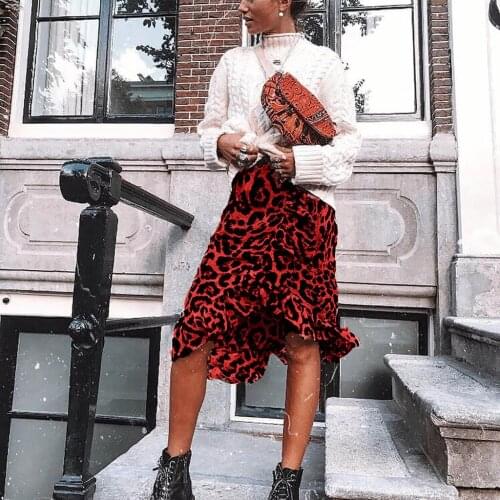 Women Skirt Vintage Leopard Print Long Skirts Autumn Midi Skirt High Waist Asymmetrical Ruffle Skirt Winter Irregular Casual