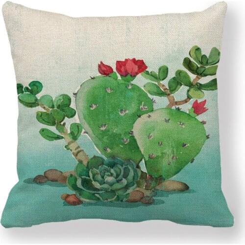 Cactus Print Linen Cushion Cover Tropical Plants Watercolor Fresh Style Decorative Pillow Covers for Sofa Couch Seat Home Decor