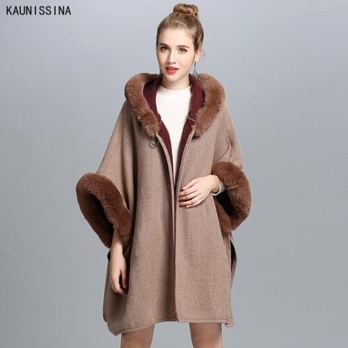 Women Faux Fur Collar Cape New Fashion Poncho Autumn Winter Plus Size Big Cloak Warm Hooded Coats Outwear Female Fur Capes