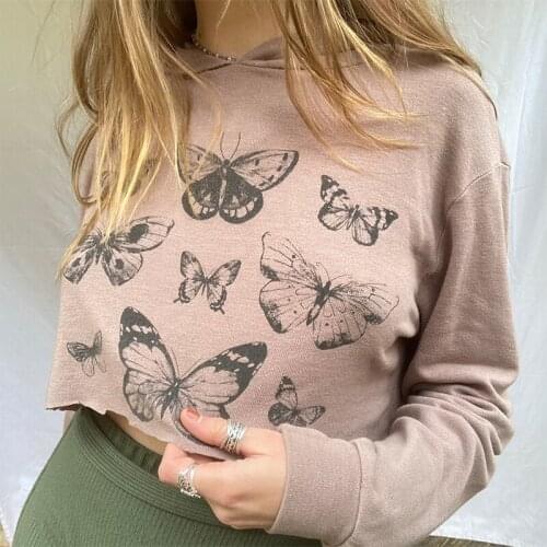 Y2K Fairy Butterfly Graphic Print Brown T-shirt Hooded Women Loose Sweat Pullover Tee Kawaii Sweetshirts Korean Harajuku Clothes