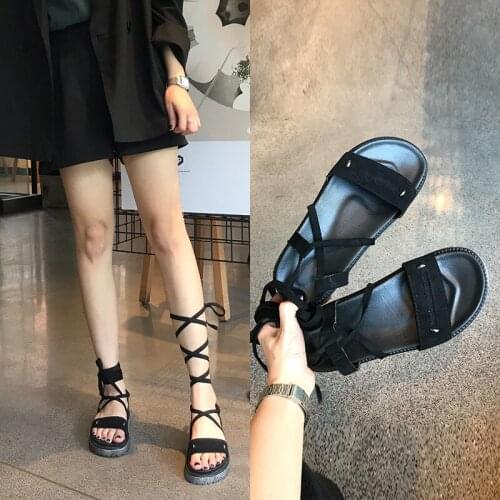 Koovan Womens Sandals Lace 2020 New Versatile Rome Womens Shoes Summer Flat Bottom Wild Student Straps Roman Sandals Fairies