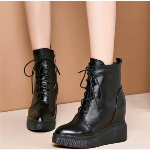 Platform Creepers Women Lace Up Genuine Leather Wedges High Heel Ankle Boots Female Round Toe Punk Fashion Sneakers Casual Shoes