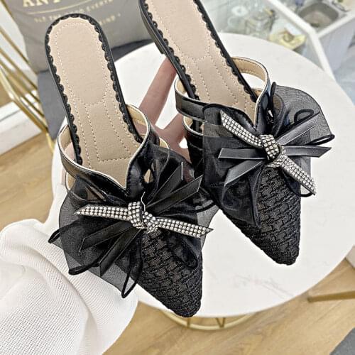 2021 Spring and Summer Womens Shoes Korean Silk Satin Pointed Bow Tie Slippers Flat Heel Sets Semi Slippers Chanclas Mujer