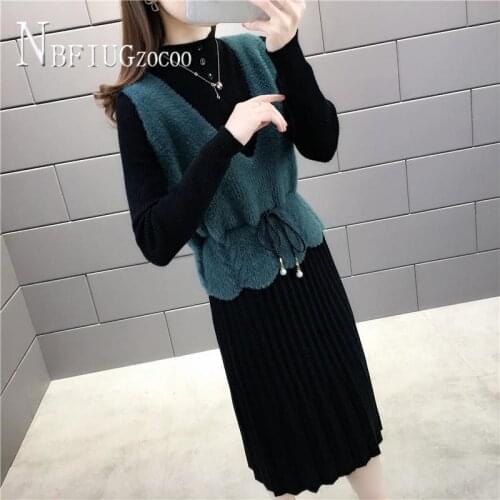 2020 Autumn Korean Waist Strap Vest And Knitting Dress Women Sets Warm Female Sets
