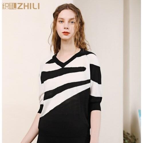 ZHILI Spring Autumn Female Casual V-Neck Thin Top Sweater
