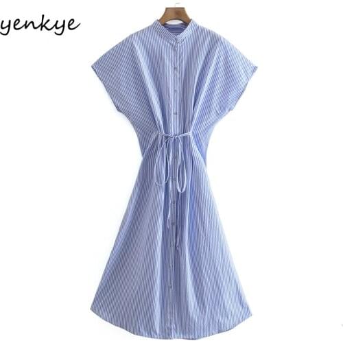 YENKYE Summer Women Blue Striped Shirt Dress Female Short Sleeve Adjustable Belt Casual Loose Dress Plus Size Midi Vestido