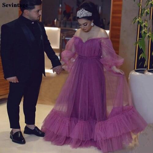 Sevintage Off the Shoulder Arabic Prom Dresses 2021 Pleats Tulle Long Sleeves Evening Dress Dubai Women Party Gowns with Sashes