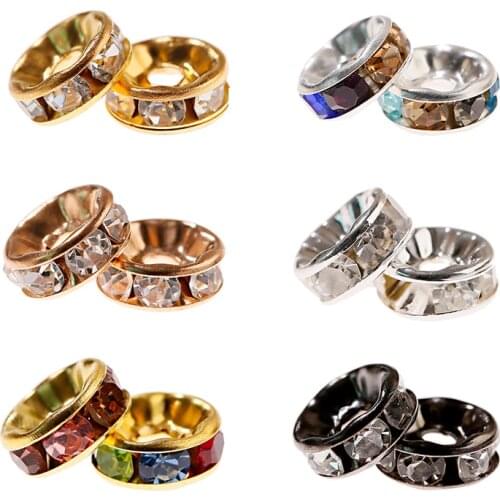 50pcs Rondelle Metal 6mm 8mm 10mm Crystal Glass Rhinestones Loose Spacer Beads for Jewelry Making DIY Crafts