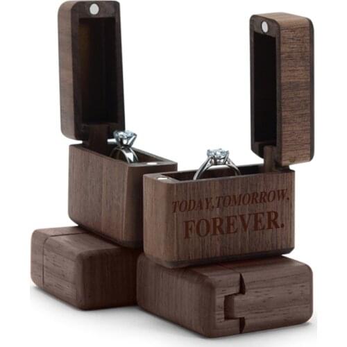 Personalized Engraved Custom Name Date Solid Wood Ring Boxes Portable Black Walnut Ring Box For Proposal Engagement Wedding Gift