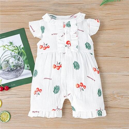Baby Girls Casual Jumpsuit Infant Creative Cherry Leaves Printing Lace Decoration Fly Sleeve Round Collar Romper for 0-24M