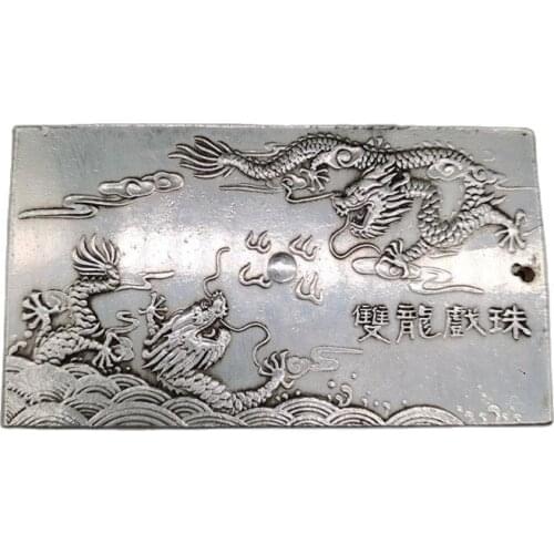 Chinese old Tibetan silver relief Double Dragon Play Ball pattern Waist Card amulet pendant Feng Shui lucky Card pendant