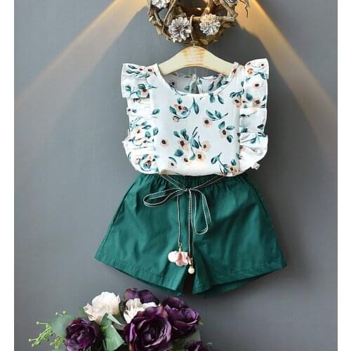 Children Clothing Sets Toddler Kids Baby Girls Outfits Clothes Flower Printing T-shirt Top+belt Shorts Set Children Costumes