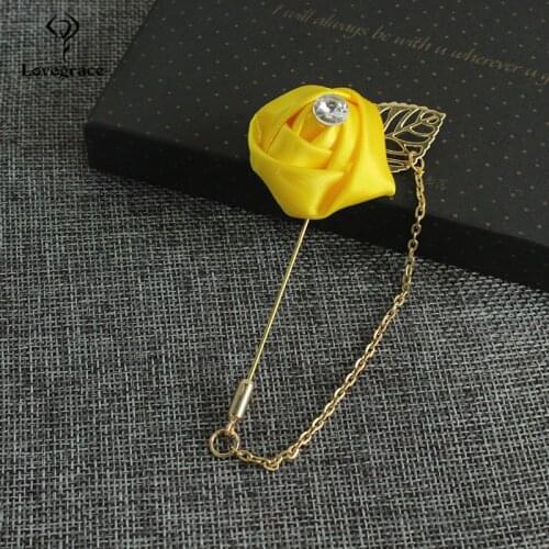 Lovegrace Brooch Pins Wedding Boutonniere Silk Rose Metal Chain Leaves Men Boutonniere Bridegroom Corsage Wedding Planner Brooch