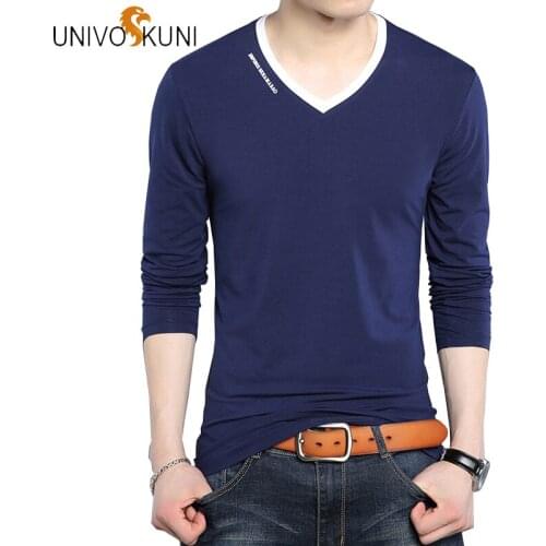 UNIVOS KUNI 2019 Spring Solid Color Casual Men T Shirt Long Sleeve V-neck Mens T-shirts Hot Sale Newest Brand Mens Tee Tops J476