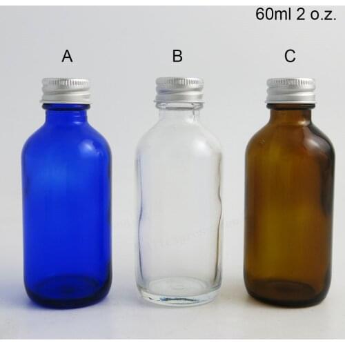 24 x 60ml Cobalt Blue Clear Amber Glass Bottle With Aluminum Lids 2oz Glass Cosmetic Containers Boston Round Glass Bottles