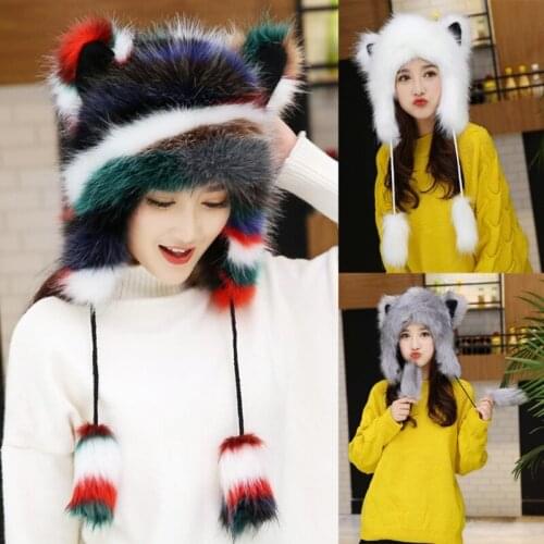 Fluffy Furry Thermal Warm Trapper Hat Cute Ears Plush Animal Earflap Cap X5XA