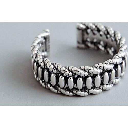 925 Silver Retro Twisted Woven Open Ring Korean Creative Oval Beads Rings Jewelry For Woman Gift