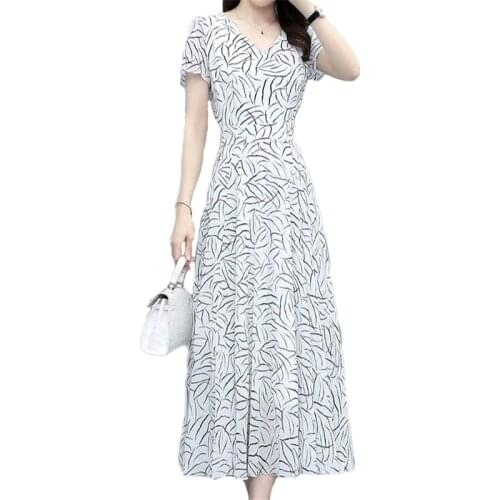 Chiffon Printed Dress 2021 Summer New Elegant Ladies V-neck Short Sleeves Plus Size M-5XL Loose Slim Maxi Dresses Female JD1476