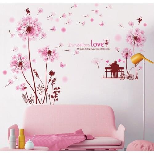 Pink Color Dandelions Flowers Wall Stickers DIY Couples Wall Decals for House Living Room Bedroom Decoration