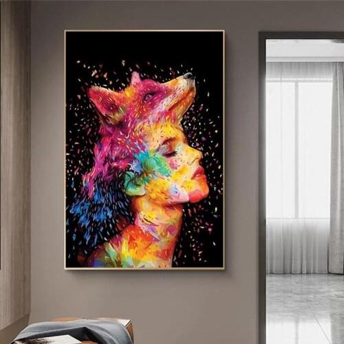 Modern Graffiti Art Girl with Fox on Head Abstract Canvas Paintings On the Wall Art Posters And Prints Nordic Art Pictures Decor