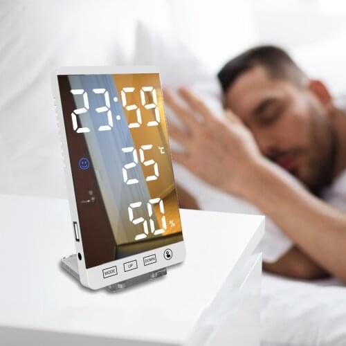 6in LED Wall Digital Mirror Alarm Clock Touch Button Thermometer Humidity Fashion Electric Digital Desk Clock Bedside Clock