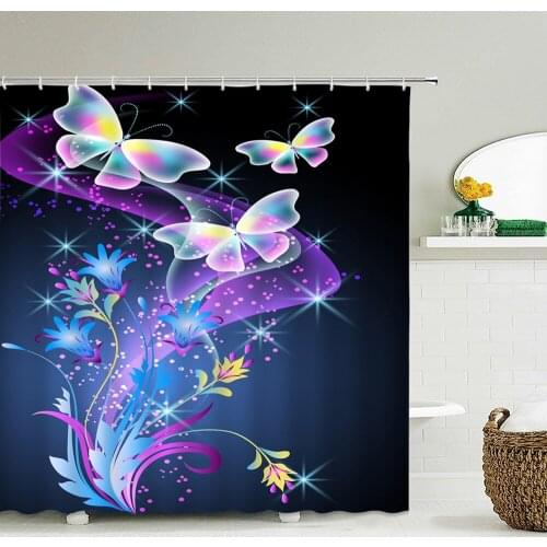 3D Colorful Butterfly Waterproof Fabric Shower Curtain Bathroom Curtains Beautiful Flowers Printed Bath Screen Home Decoration