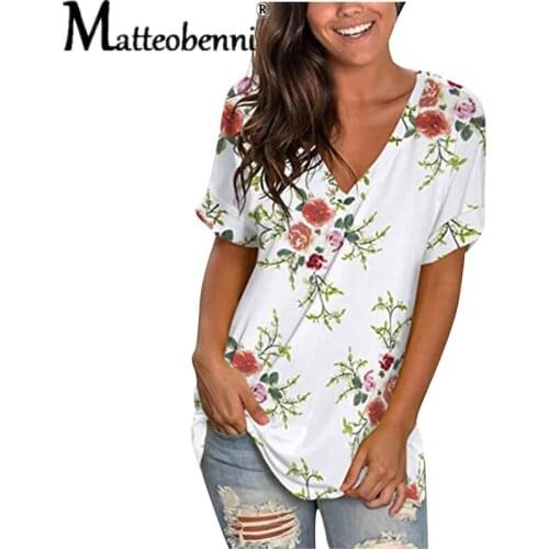 Summer Womens 2021 Fashion Casual V-Neck Flowers Print Stripe Short Sleeve Loose T-Shirt Ladies Plus Size Streetwear T-Shirt Top