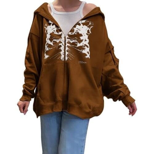 Y2K Woman Sweatshirt New Spring Autumn Long Sleeve Skull Print Zipper Hooded Hoodies Loose High Street Clothes