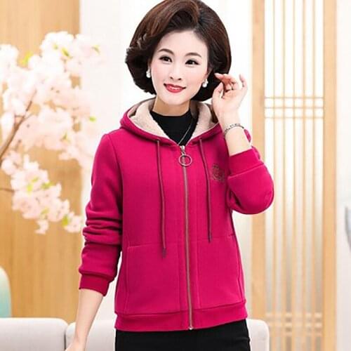 Female Winter Clothes New Mid-Leng Plus Velvet Zipp Sweatershirt Pure Cotton Hooded Sweater Middle-Aged Casual Sportswear