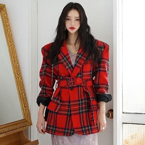 Vintage Plaid Print Blazer Women With Sashes Autumn Fashion Single Button Notched Collar Long Sleeve Red Office Lady Suit Jacket