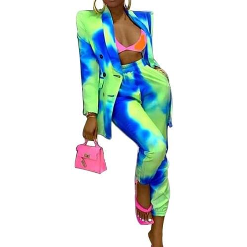 STYLISH LADY Tie Dye Printed 2 Piece Set Women Long Sleeve Double Breasted Blazer and Pant Set 2021 Summer Pocket Elegant Outfit
