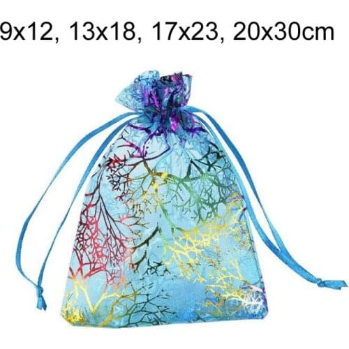 100pcs/lot 9x12, 13x18, 17x23, 20x30 cm Gauze Yarn Coral Pattern Organza Drawstring Pouches Christmas Gift Packaging Bags