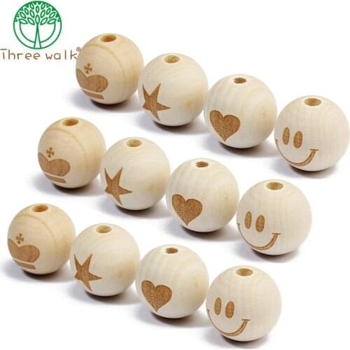20pcs Wooden Teether 20mm DIY Beads Natural Wood Beads Round Wooden Beads Eco-Friendly Wooden Balls Printing Heart