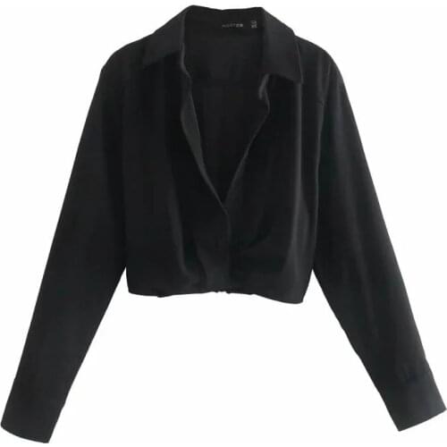 TRAF Za Woman 2021 Black Pleated Blouses Women Crop Top Shirt Womens Summer Long Sleeve Blouses V Neck Elegant Office Shirt