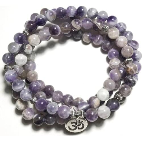 8mm Natural Amethyst Beaded Elastic Rope Wrap Bracelet 108 Japamala Yoga Healing Bangle Female Fashion Charm Jewelry