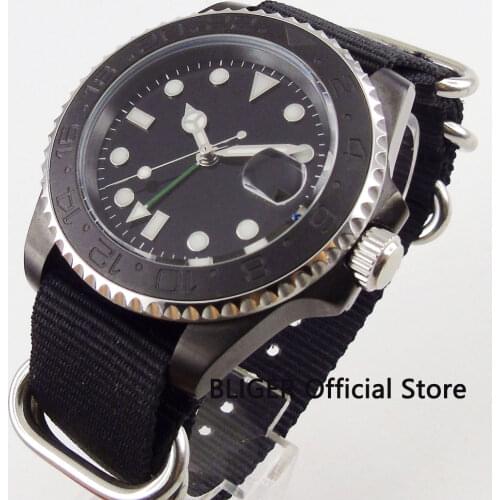 BLIGER Brand 40mm Sterile Dial PVD Case GMT Function Automatic Mens Watch Nylon Strap