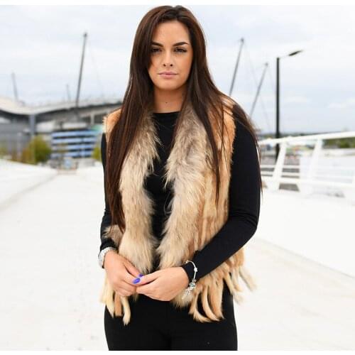 CX-G-B-57R Ladies Genuine Knitted Rabbit Fur Raccoon Fur Trimming Tassels Women Fur Vest
