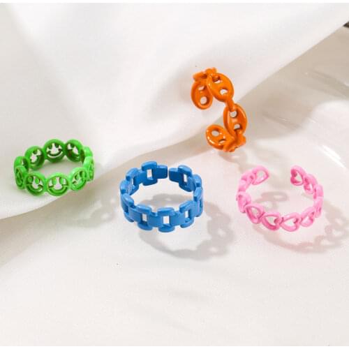 HECHENG,New Fashion Colorful Dripping Oil Rings, Geometric Smile Face Love Heart Shape Rings,For Women Girls Candy Color