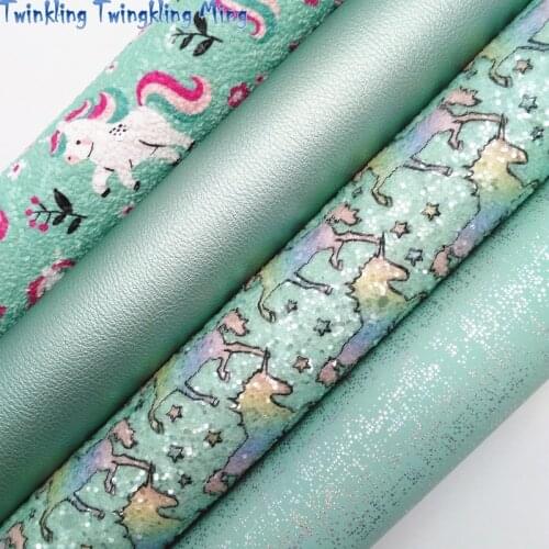Unicorn Printed Glitter leather, Metallic Synthetic Leather Faux Fabric Sheet For Bow 21x29CM Twinkling Ming KM317