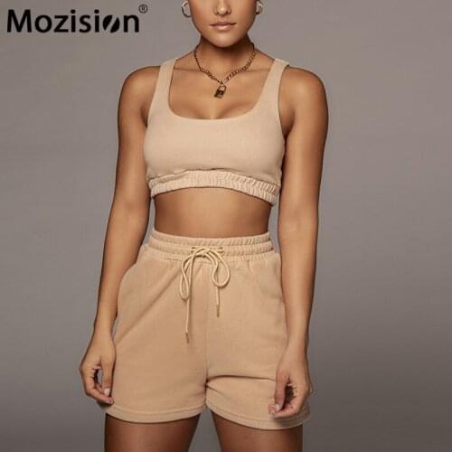 Mozision Backless Shorts Set Women Summer New Sleeveless Crop Top Lace-up Shorts Suit Casual Outfits Loose Tracksuit 2021 New