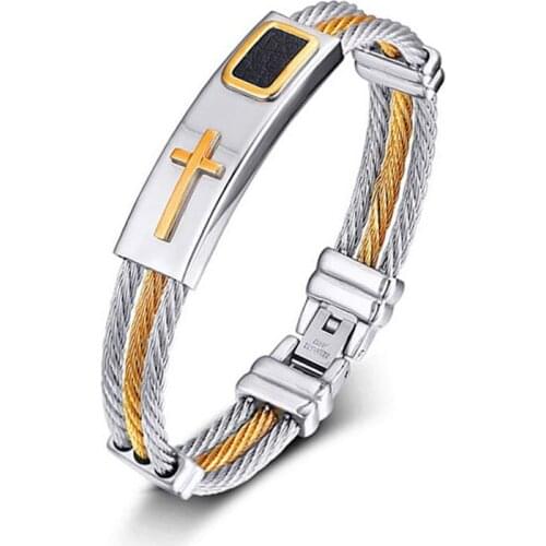 Mens Bracelet Stainless Steel Charm Chains on Hand Fashion Three-row Steel Wire Braided Gold and Steel Cross Bracelet Wholesale