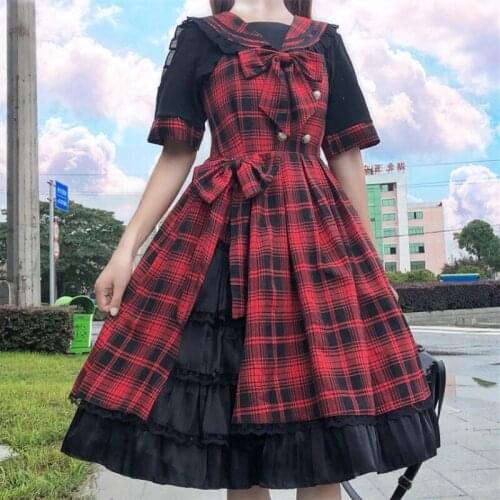 JapaneseNavy Collar High-Waisted Red Plaid Strap Dungaree Dress for Children Summer gothic lolita lolita dress cosplay